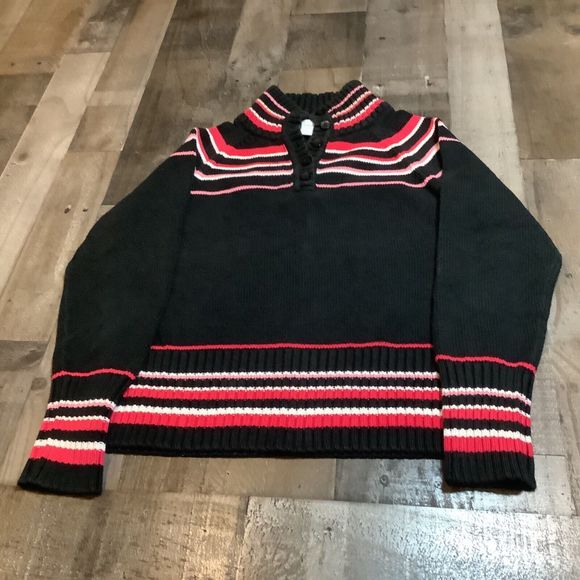 Liz Claiborne Sweater Size L Black Pink stripe 1/4 button - Picture 1 of 8